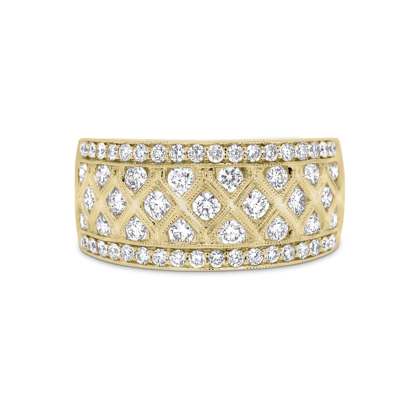 Diamond Trellis Pattern Fashion Ring  - 18K gold weighing 7.36 grams  - 59 round diamonds totaling 0.98 carats