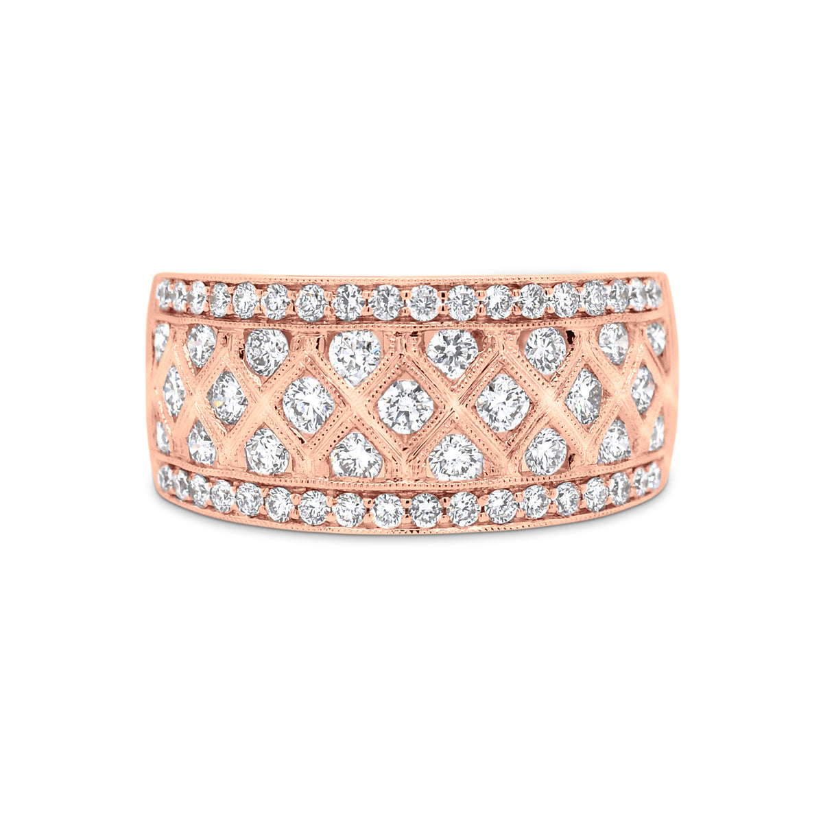 Diamond Trellis Pattern Fashion Ring  - 18K gold weighing 7.36 grams  - 59 round diamonds totaling 0.98 carats