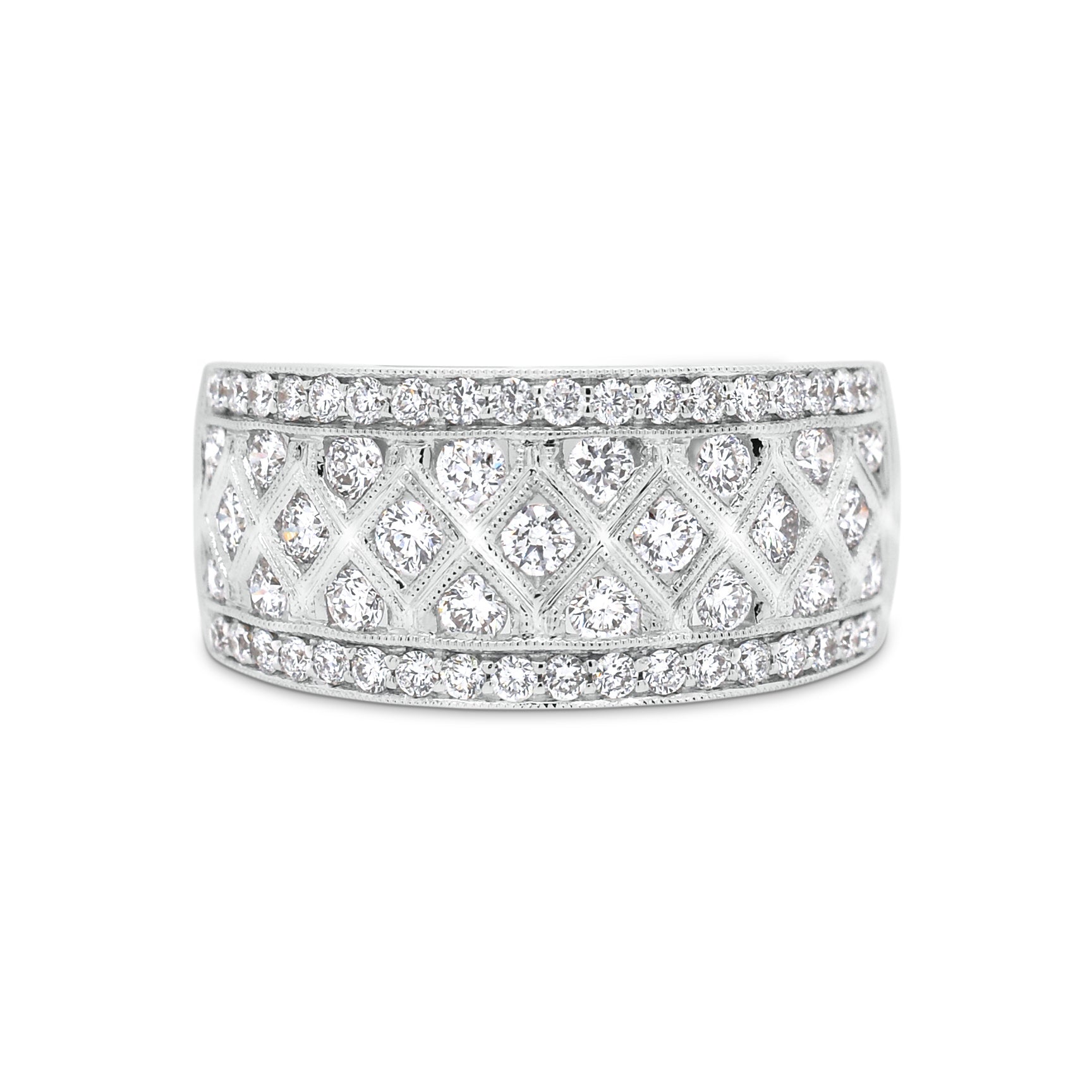 Diamond Trellis Pattern Fashion Ring  - 18K gold weighing 7.36 grams  - 59 round diamonds totaling 0.98 carats