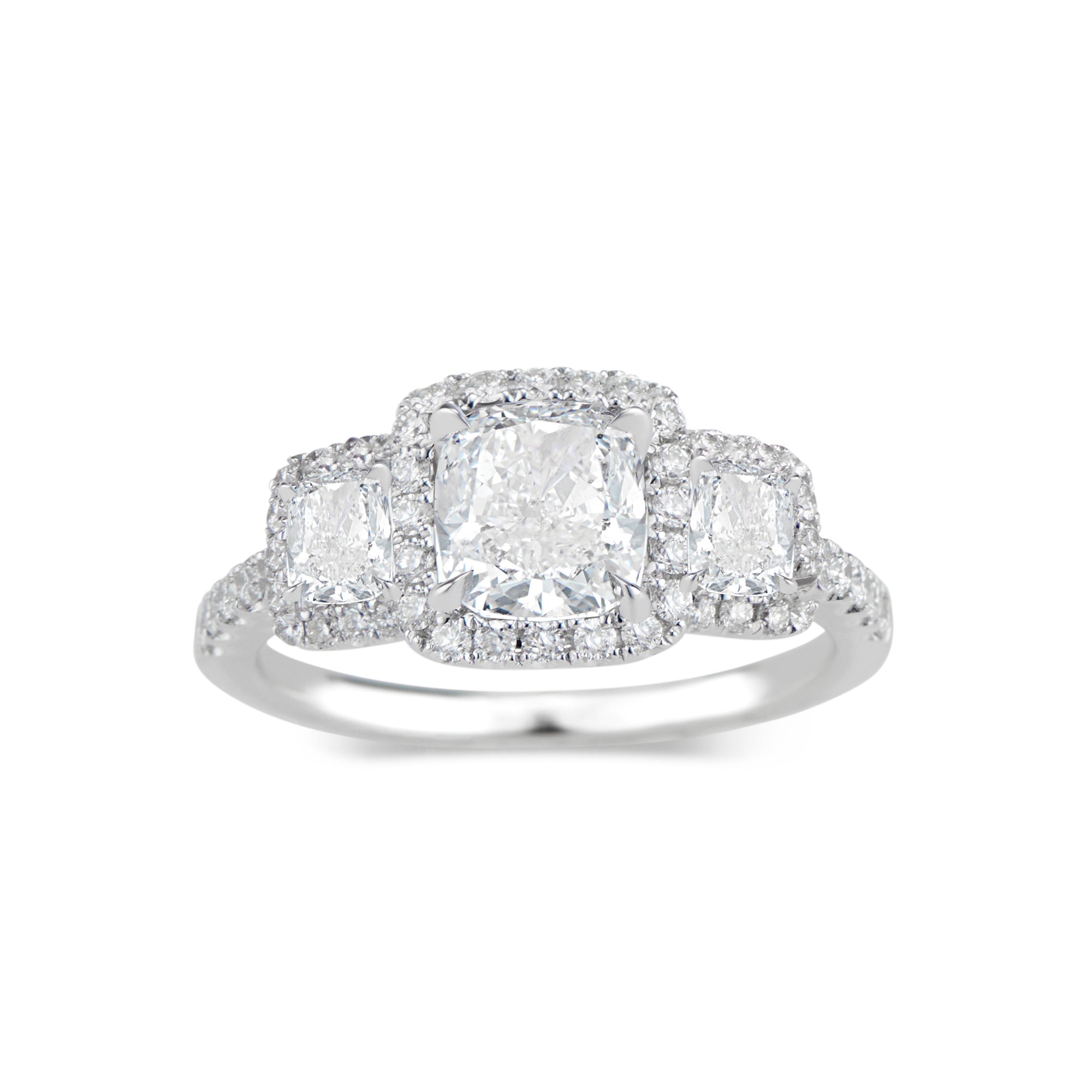 Three-Stone Cushion Halo Diamond Engagement Ring  18K weighting 4.50 GR  - 86 round diamonds totaling 0.47 carats