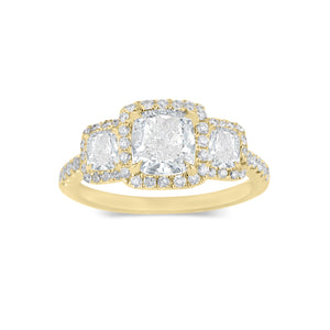 Three-Stone Cushion Halo Diamond Engagement Ring  18K weighting 4.50 GR  - 86 round diamonds totaling 0.47 carats