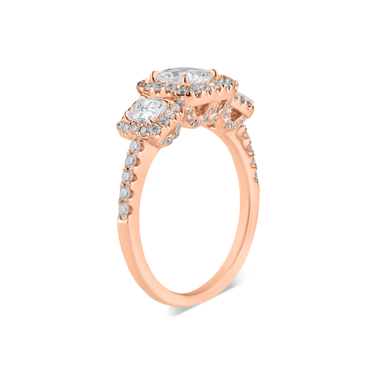 Three-Stone Cushion Halo Diamond Engagement Ring  18K weighting 4.50 GR  - 86 round diamonds totaling 0.47 carats