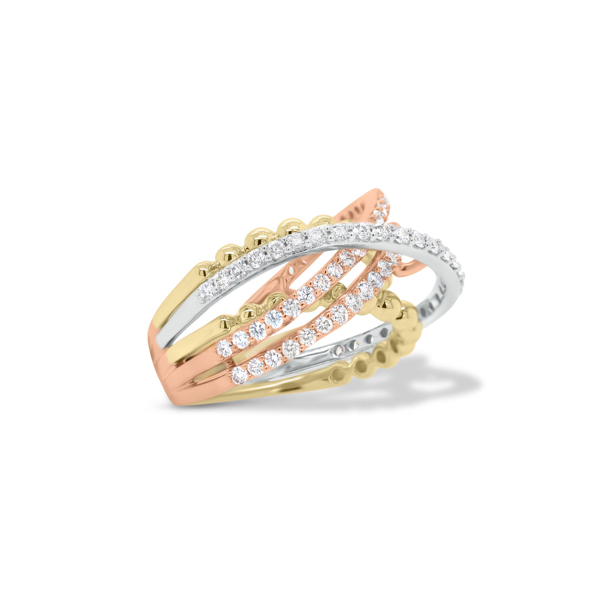 Diamond & Tricolor Gold Crossover Ring  - 18K gold weighing 8.72 grams  - 79 round diamonds totaling 0.95 carats