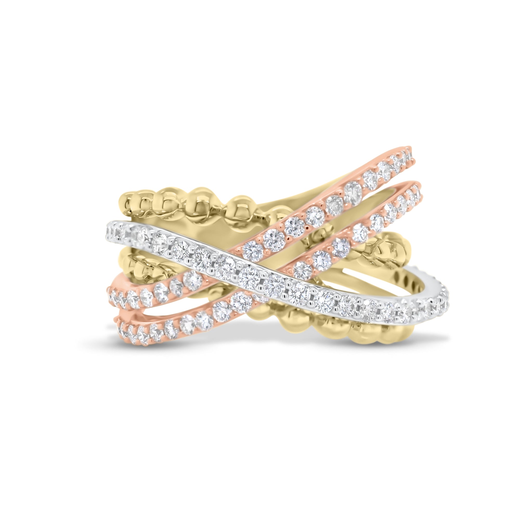 Diamond & Tricolor Gold Crossover Ring  - 18K gold weighing 8.72 grams  - 79 round diamonds totaling 0.95 carats
