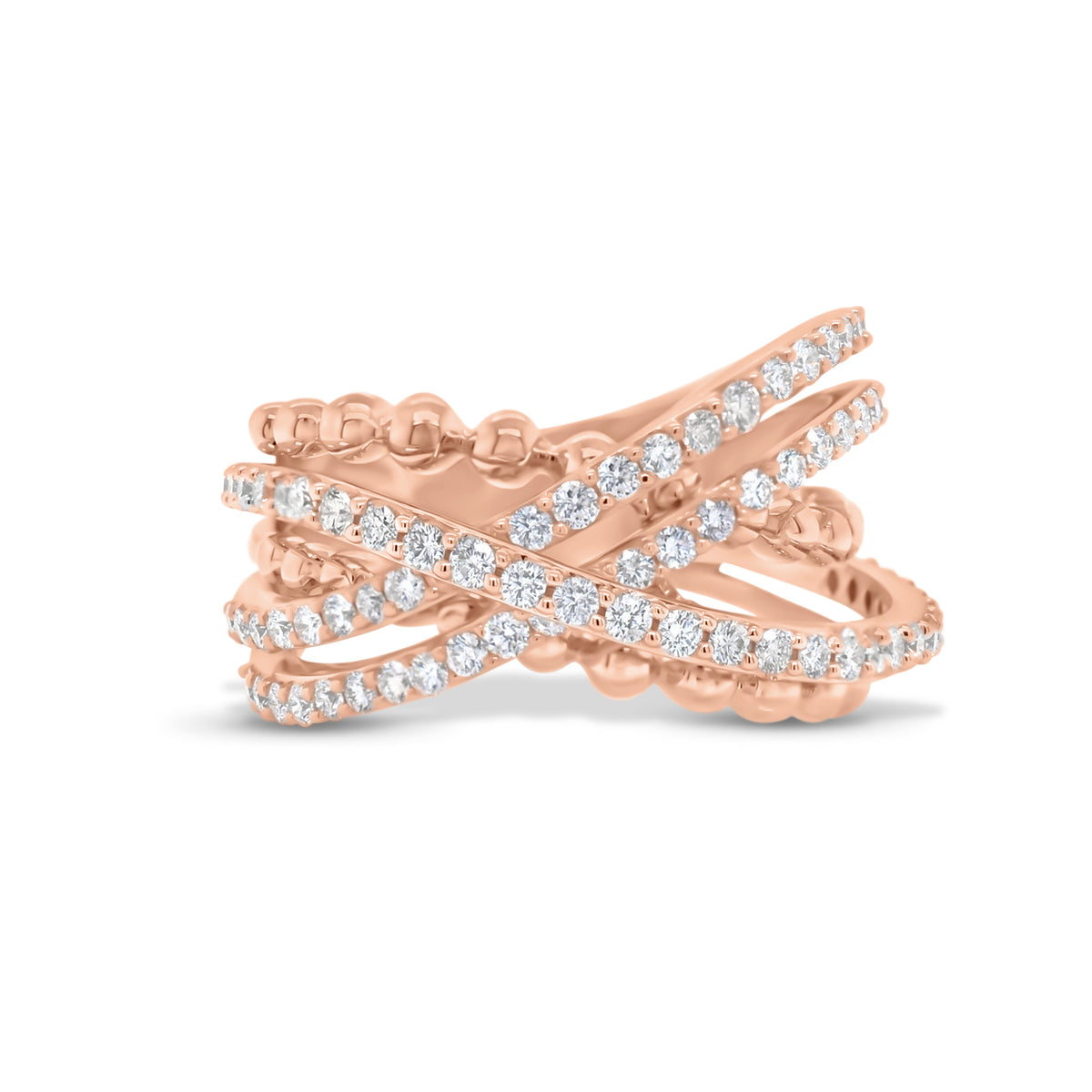 Diamond & Tricolor Gold Crossover Ring  - 18K gold weighing 8.72 grams  - 79 round diamonds totaling 0.95 carats