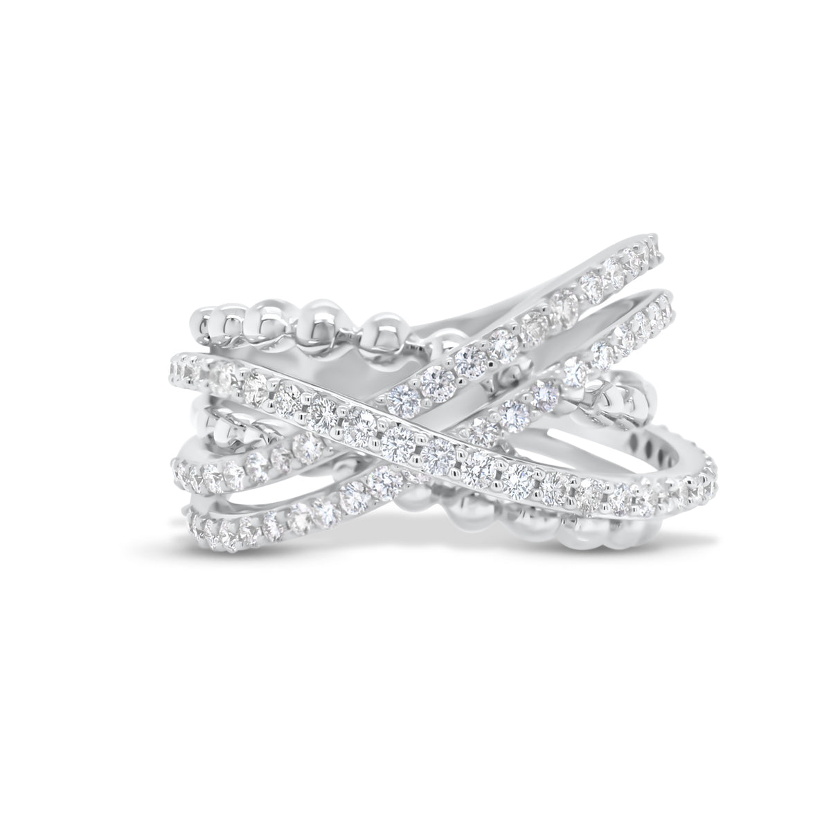 Diamond & Tricolor Gold Crossover Ring  - 18K gold weighing 8.72 grams  - 79 round diamonds totaling 0.95 carats