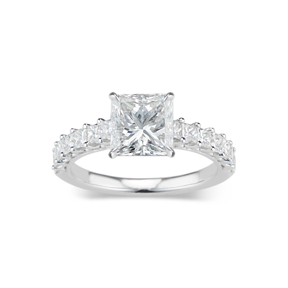 Princess-Cut Diamond Engagement Ring with Diamond Shank  -18K weighting 2.88 GR - 14 princess-cut diamonds totaling 0.80 carats