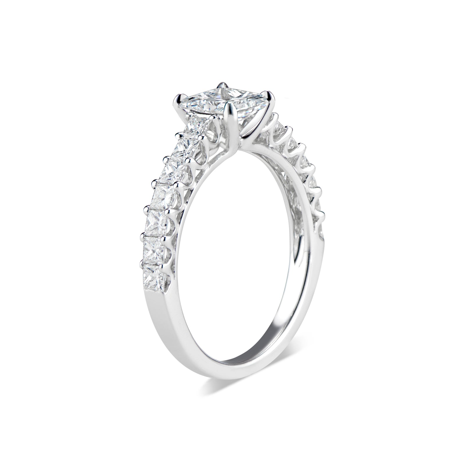 Princess-Cut Diamond Engagement Ring with Diamond Shank  -18K weighting 2.88 GR - 14 princess-cut diamonds totaling 0.80 carats