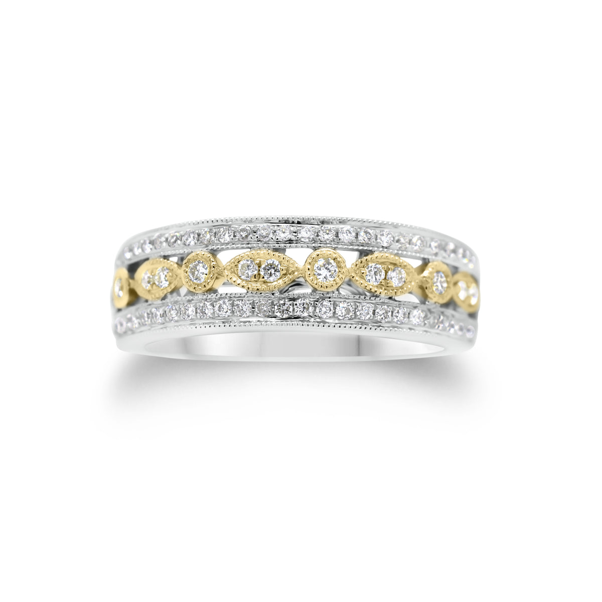 Diamond Shapes Two-Tone Ring  - 18K gold weighing 5.52 grams  - 72 round diamonds totaling 0.33 carats