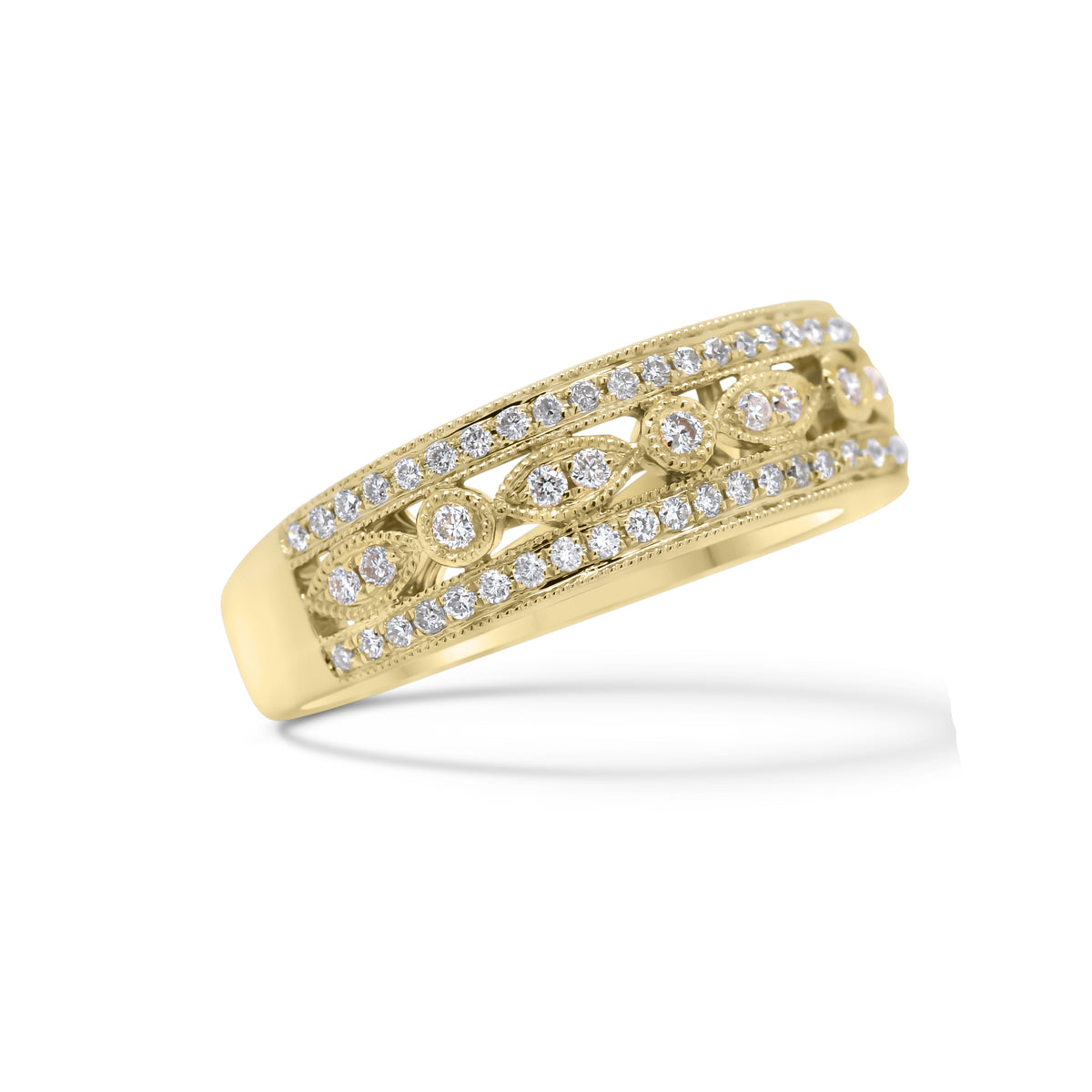 Diamond Shapes Two-Tone Ring  - 18K gold weighing 5.52 grams  - 72 round diamonds totaling 0.33 carats