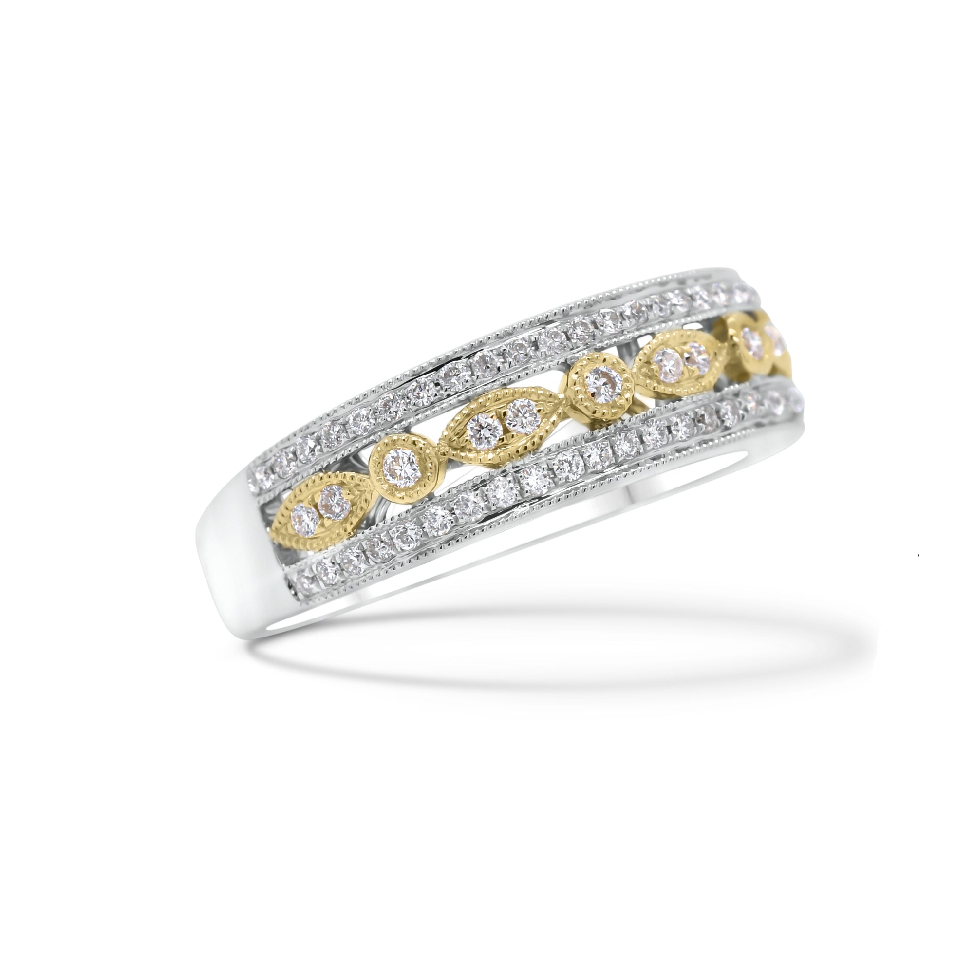 Diamond Shapes Two-Tone Ring  - 18K gold weighing 5.52 grams  - 72 round diamonds totaling 0.33 carats