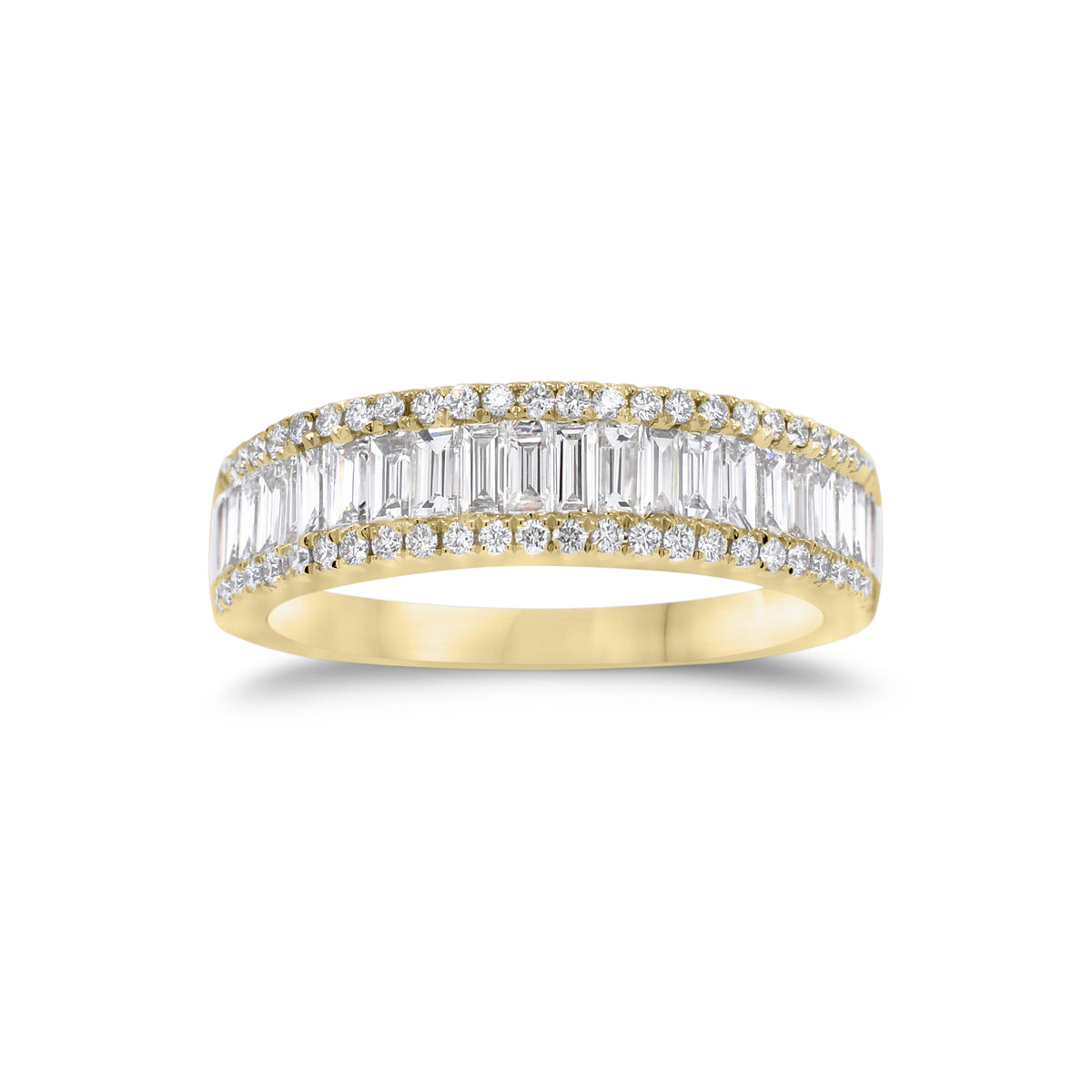 Baguette Diamond Wedding Band  - 18K gold weighing 5.41 grams  - 22 straight baguettes totaling 0.82 carats  - 54 round diamonds totaling 0.24 carats