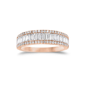 Baguette Diamond Wedding Band  - 18K gold weighing 5.41 grams  - 22 straight baguettes totaling 0.82 carats  - 54 round diamonds totaling 0.24 carats