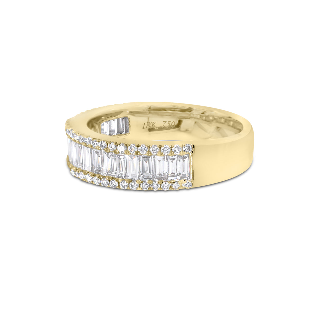 Baguette Diamond Wedding Band  - 18K gold weighing 5.41 grams  - 22 straight baguettes totaling 0.82 carats  - 54 round diamonds totaling 0.24 carats