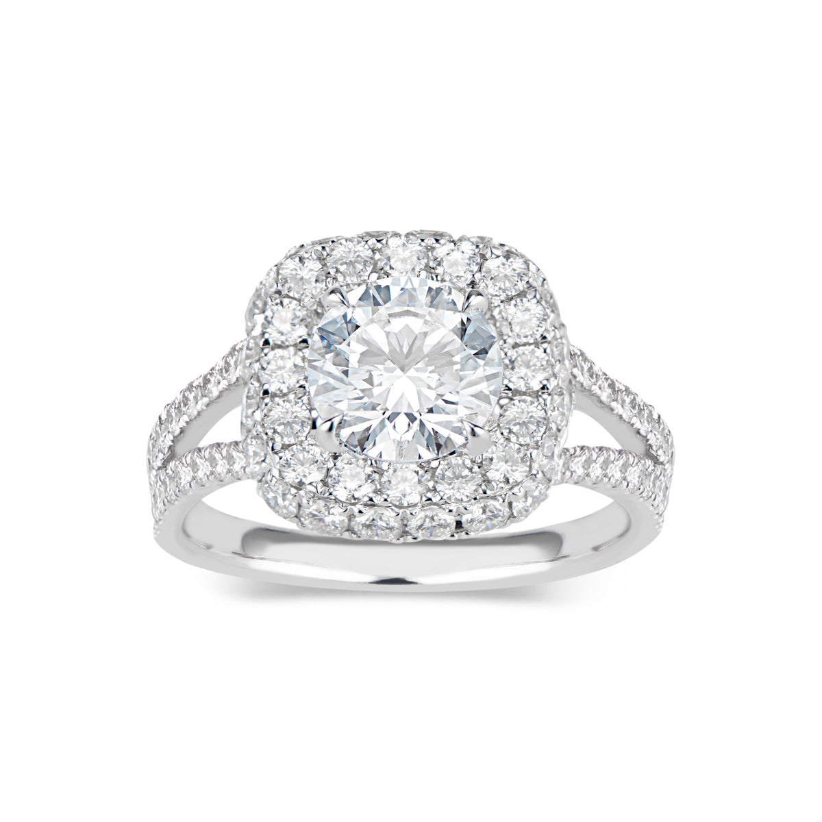 Cushion Double Edge Halo Diamond Engagement Ring with Split Shank   - 70 round diamonds totaling 1.66 carats  GIA graded F-G color, VS2-SI1 clarity