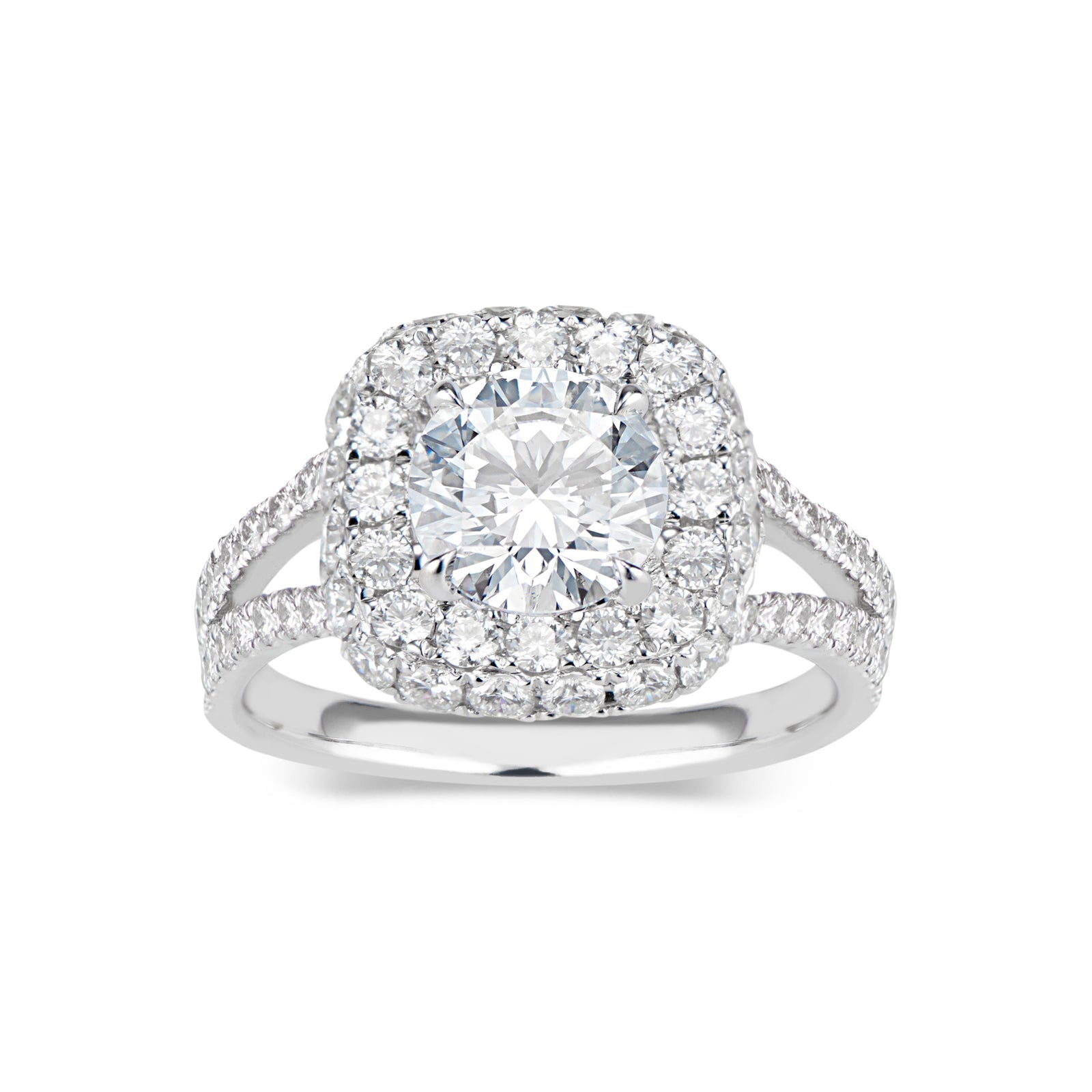 Cushion Double Edge Halo Diamond Engagement Ring with Split Shank   - 70 round diamonds totaling 1.66 carats  GIA graded F-G color, VS2-SI1 clarity