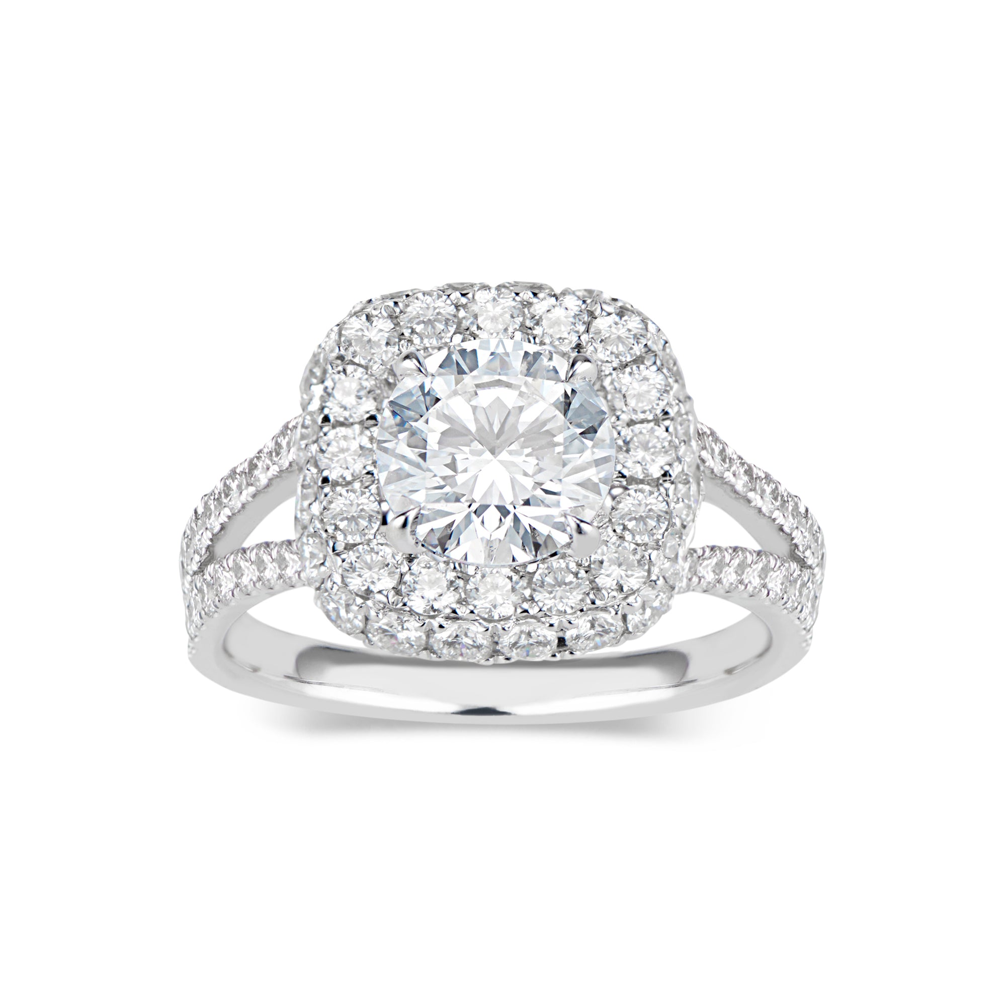 Cushion Double Edge Halo Diamond Engagement Ring with Split Shank   - 70 round diamonds totaling 1.66 carats  GIA graded F-G color, VS2-SI1 clarity