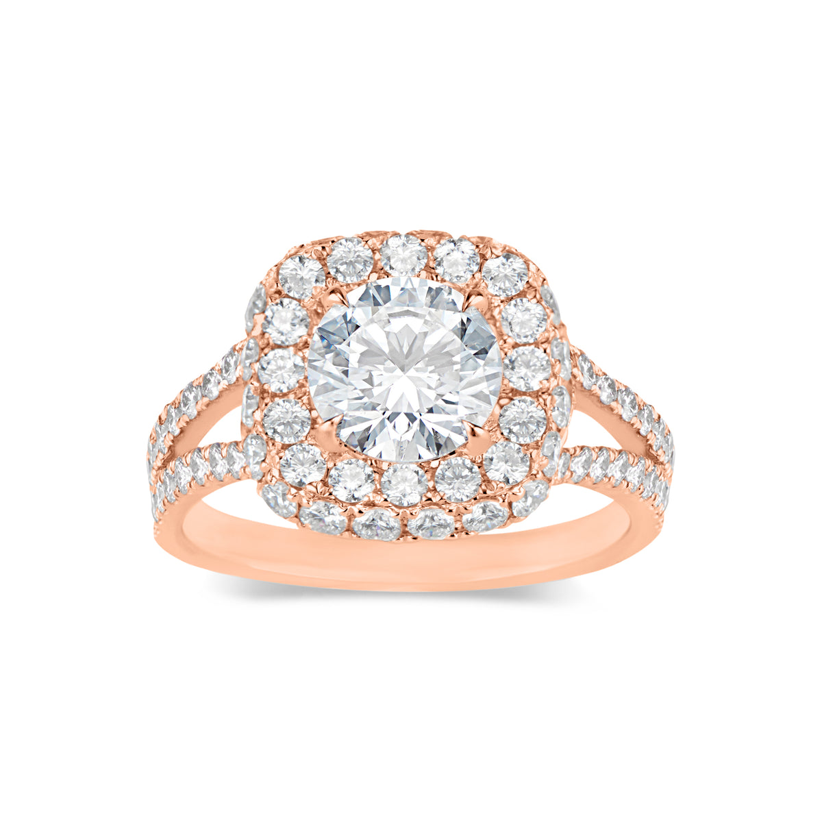 Cushion Double Edge Halo Diamond Engagement Ring with Split Shank   - 70 round diamonds totaling 1.66 carats  GIA graded F-G color, VS2-SI1 clarity