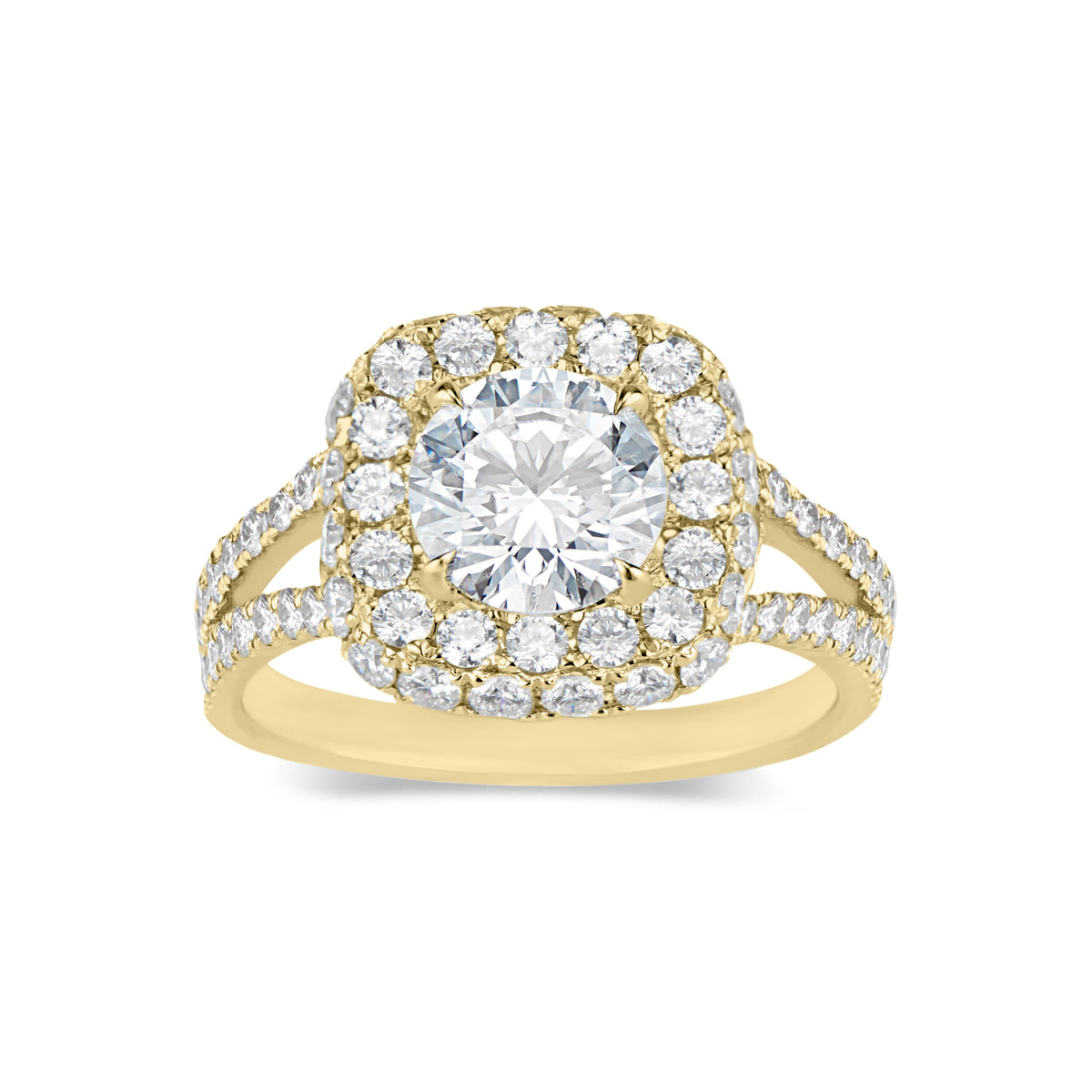 Cushion Double Edge Halo Diamond Engagement Ring with Split Shank   - 70 round diamonds totaling 1.66 carats  GIA graded F-G color, VS2-SI1 clarity