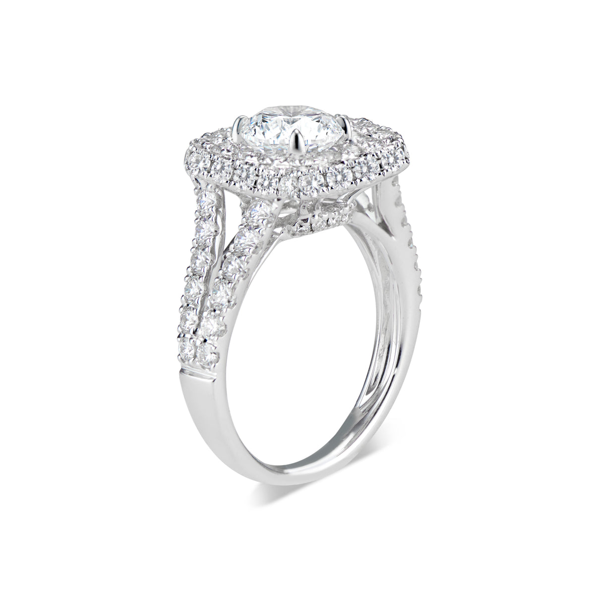 Cushion Double Edge Halo Diamond Engagement Ring with Split Shank   - 70 round diamonds totaling 1.66 carats  GIA graded F-G color, VS2-SI1 clarity