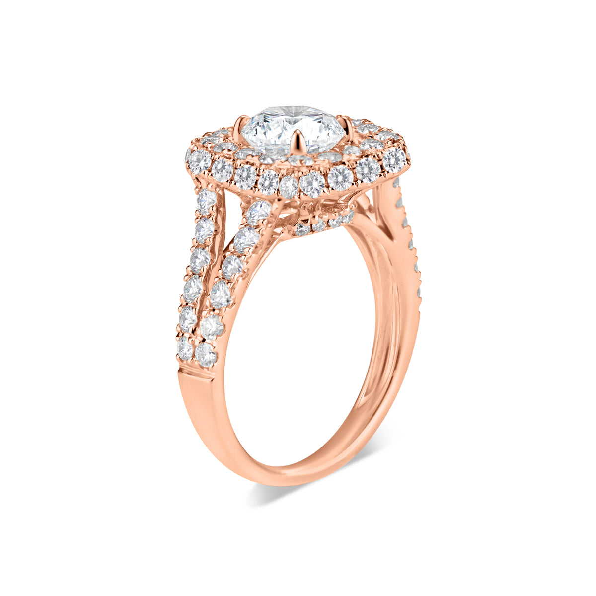 Cushion Double Edge Halo Diamond Engagement Ring with Split Shank   - 70 round diamonds totaling 1.66 carats  GIA graded F-G color, VS2-SI1 clarity