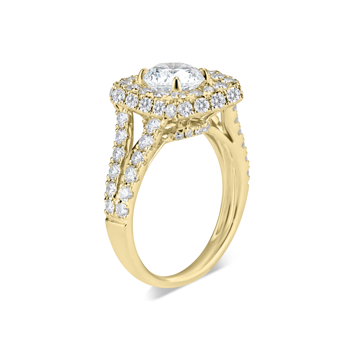 Cushion Double Edge Halo Diamond Engagement Ring with Split Shank   - 70 round diamonds totaling 1.66 carats  GIA graded F-G color, VS2-SI1 clarity