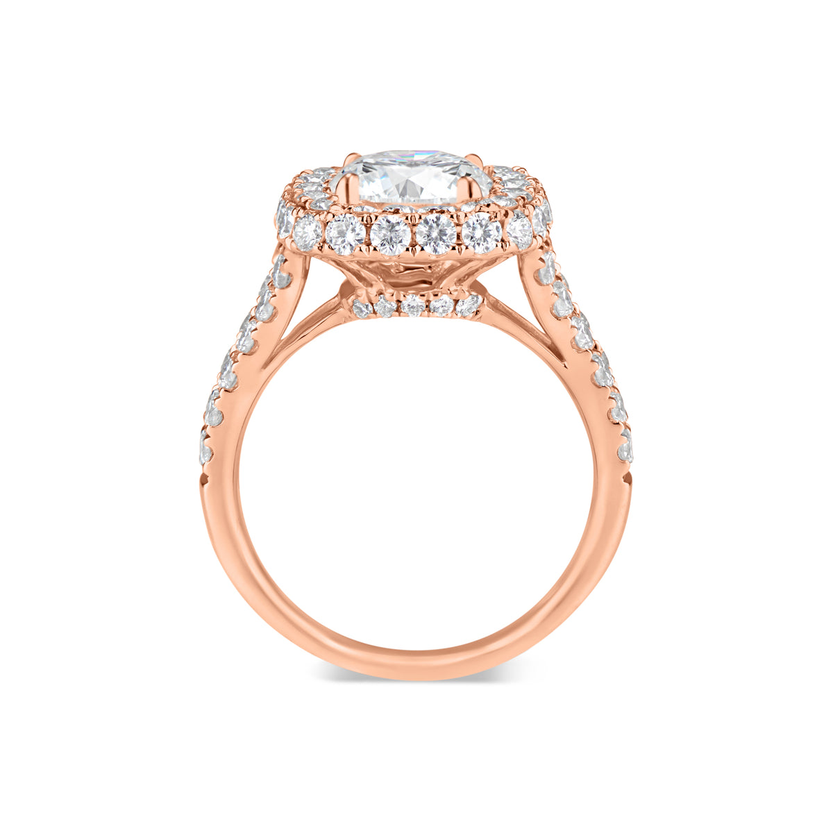 Cushion Double Edge Halo Diamond Engagement Ring with Split Shank   - 70 round diamonds totaling 1.66 carats  GIA graded F-G color, VS2-SI1 clarity