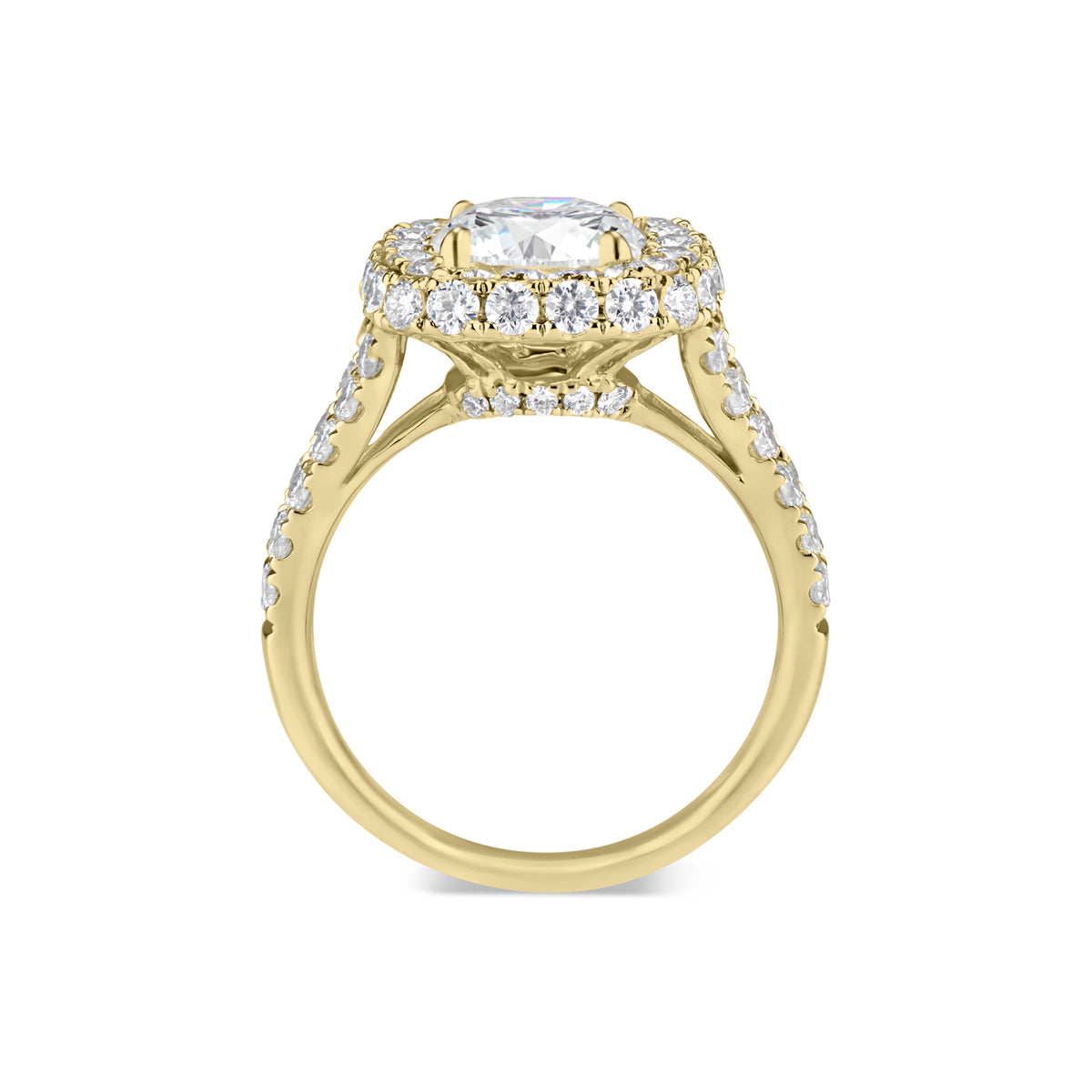 Cushion Double Edge Halo Diamond Engagement Ring with Split Shank   - 70 round diamonds totaling 1.66 carats  GIA graded F-G color, VS2-SI1 clarity