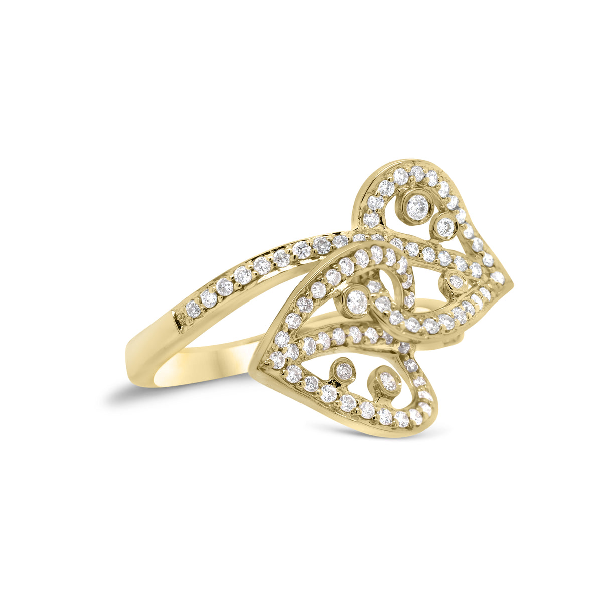 Diamond Interlocking Hearts Ring  - 18K gold weighing 3.50 grams  - 97 round diamonds totaling 0.55 carats
