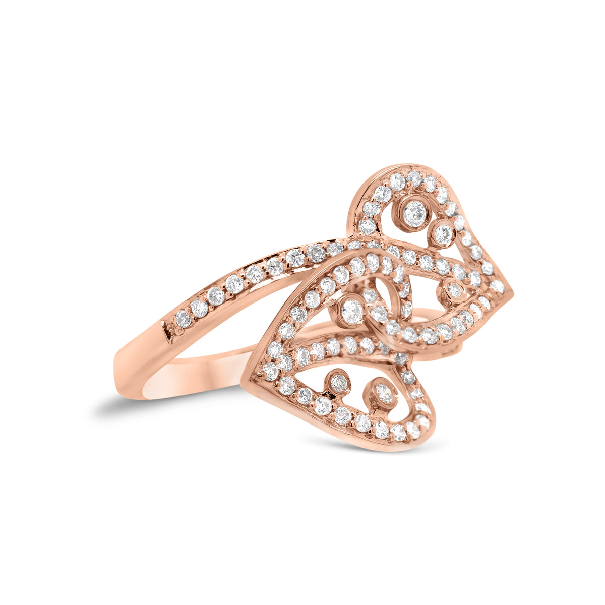 Diamond Interlocking Hearts Ring  - 18K gold weighing 3.50 grams  - 97 round diamonds totaling 0.55 carats
