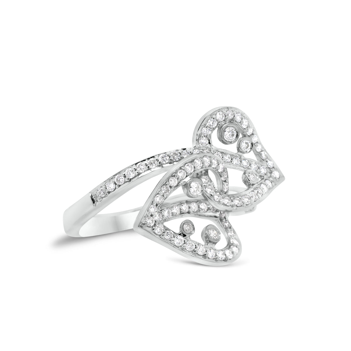 Diamond Interlocking Hearts Ring  - 18K gold weighing 3.50 grams  - 97 round diamonds totaling 0.55 carats