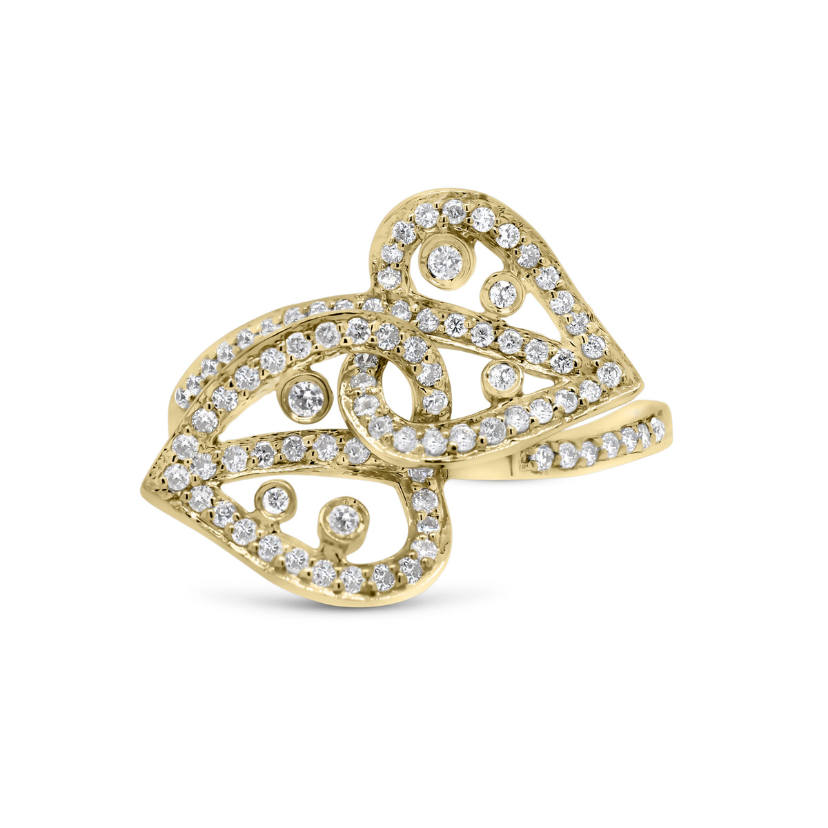 Diamond Interlocking Hearts Ring  - 18K gold weighing 3.50 grams  - 97 round diamonds totaling 0.55 carats