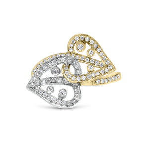 Diamond Interlocking Hearts Ring  - 18K gold weighing 3.50 grams  - 97 round diamonds totaling 0.55 carats