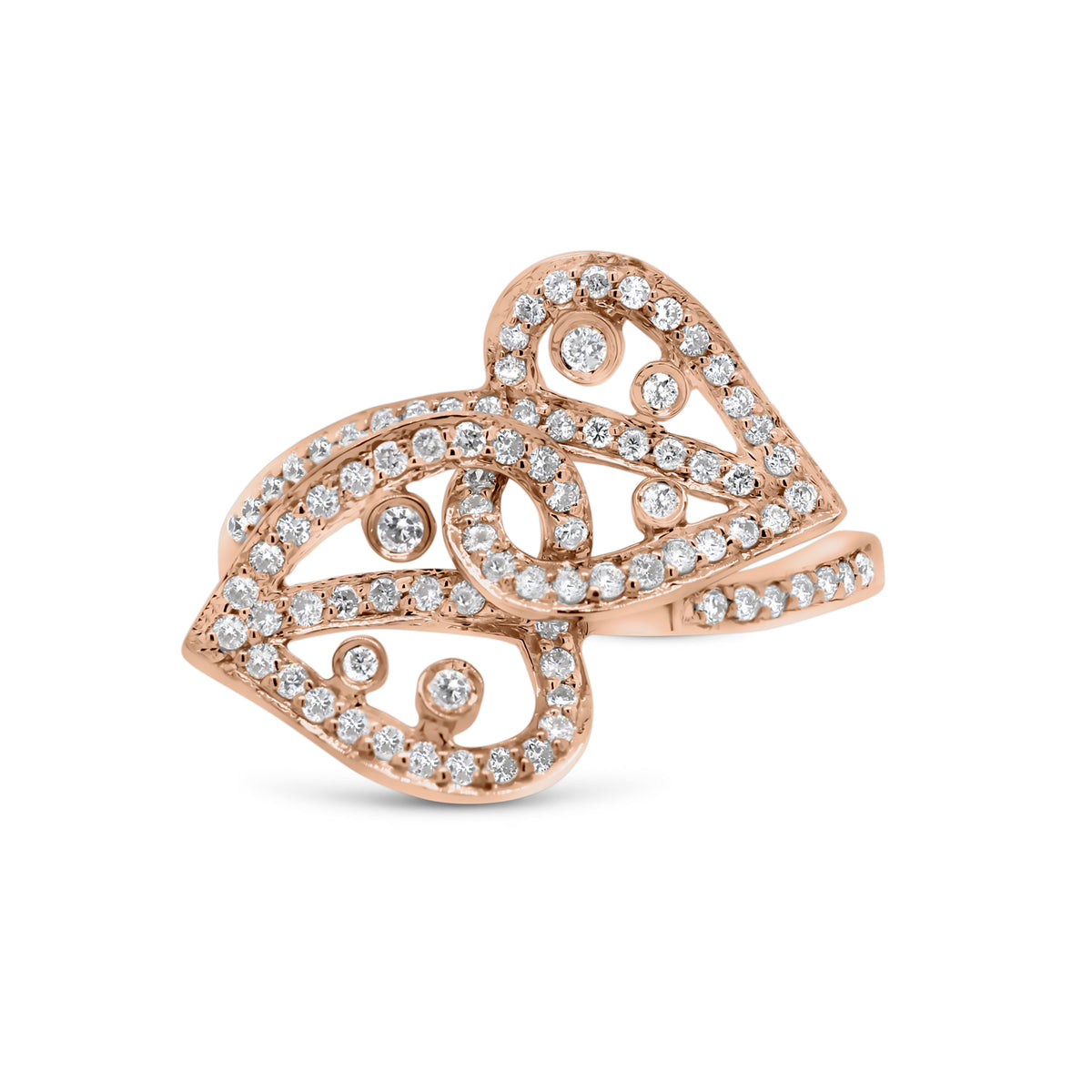 Diamond Interlocking Hearts Ring  - 18K gold weighing 3.50 grams  - 97 round diamonds totaling 0.55 carats