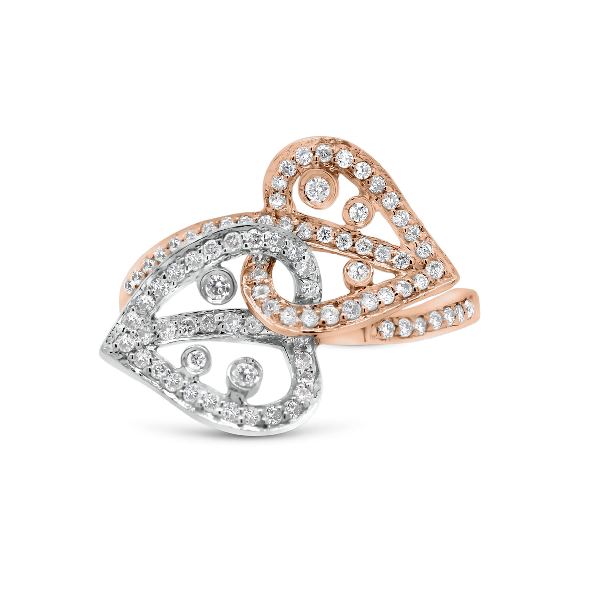 Diamond Interlocking Hearts Ring  - 18K gold weighing 3.50 grams  - 97 round diamonds totaling 0.55 carats