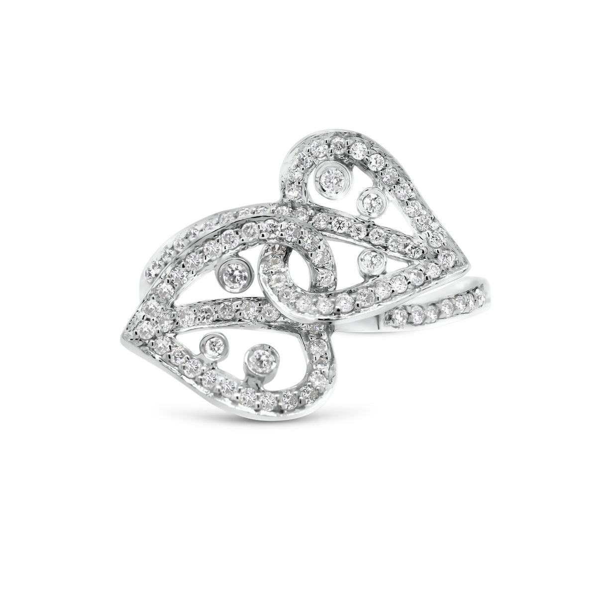 Diamond Interlocking Hearts Ring  - 18K gold weighing 3.50 grams  - 97 round diamonds totaling 0.55 carats