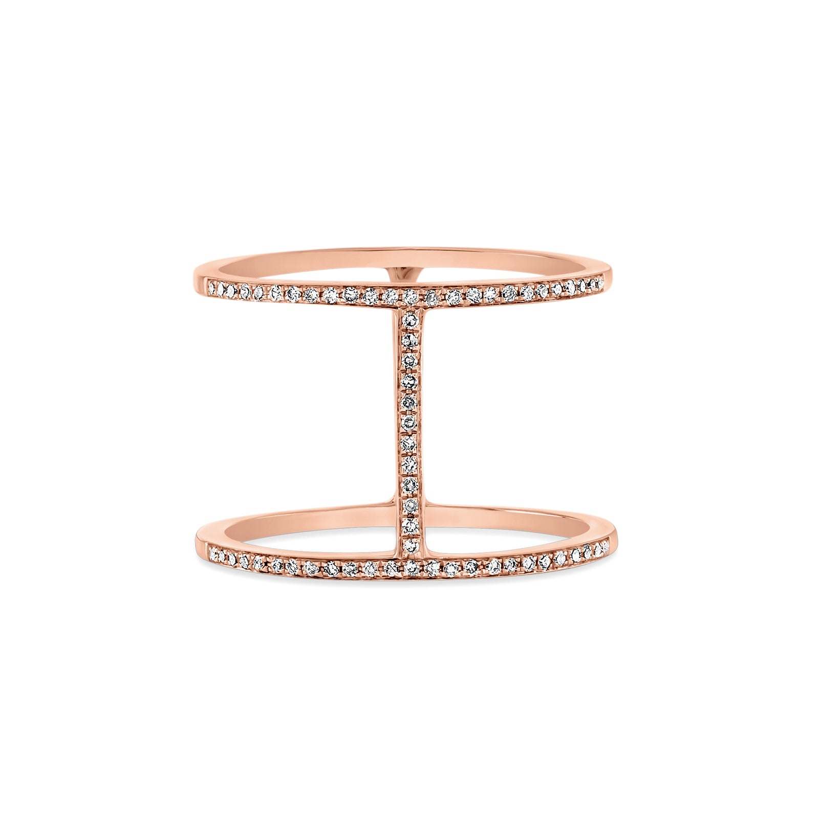 Diamond H Ring  - 14k gold weighing 2.71 grams.  - 62 round diamonds weighing 0.16 carats.