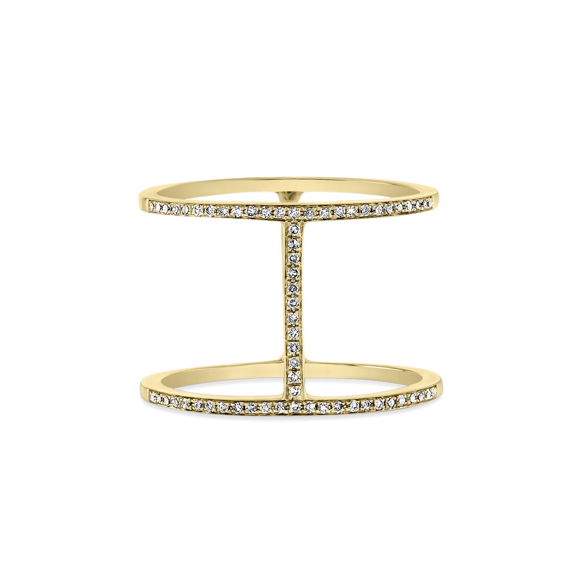 Diamond H Ring  - 14k gold weighing 2.71 grams.  - 62 round diamonds weighing 0.16 carats.