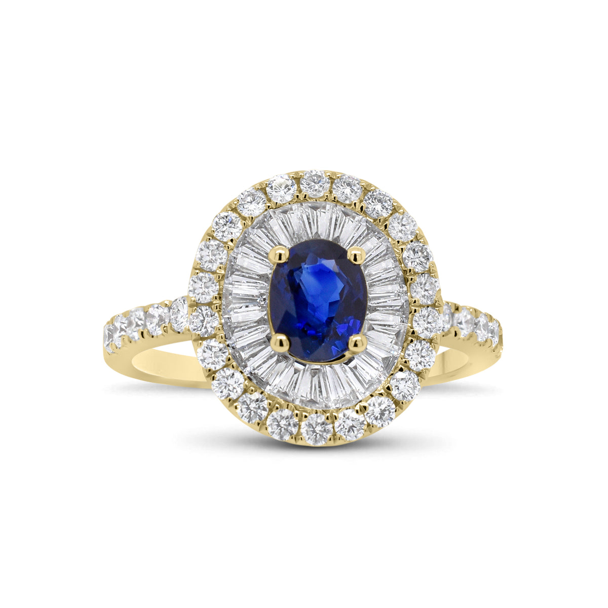 Sapphire double halo ring  - 18K gold weighing 3.88 grams  - 32 round diamonds totaling 0.55 carats  - 21 tapered baguettes totaling 0.51 carats  - 0.82 ct sapphire