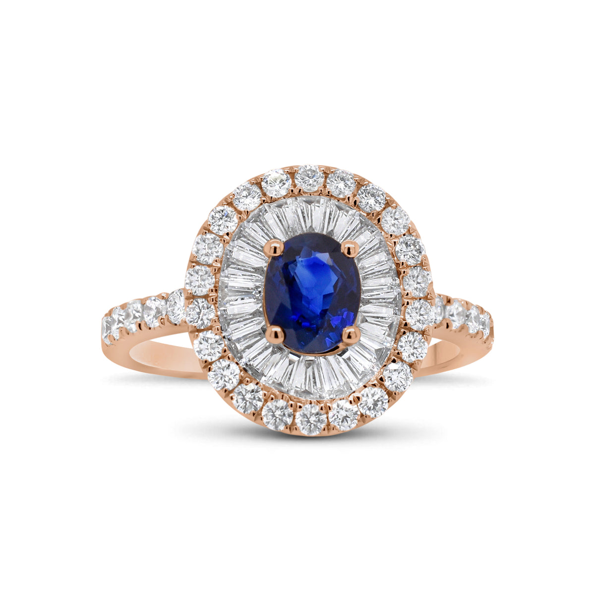 Sapphire double halo ring  - 18K gold weighing 3.88 grams  - 32 round diamonds totaling 0.55 carats  - 21 tapered baguettes totaling 0.51 carats  - 0.82 ct sapphire