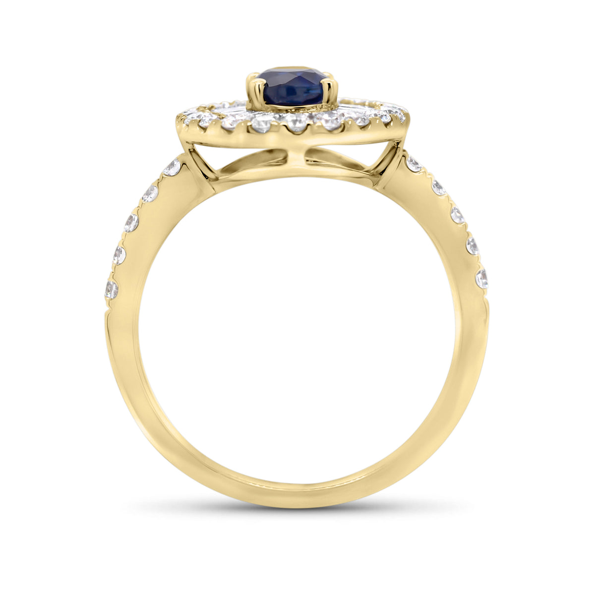 Sapphire double halo ring  - 18K gold weighing 3.88 grams  - 32 round diamonds totaling 0.55 carats  - 21 tapered baguettes totaling 0.51 carats  - 0.82 ct sapphire