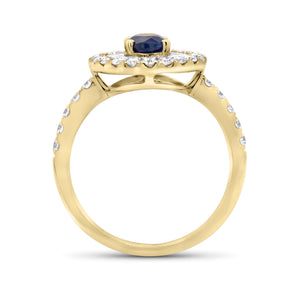 Sapphire double halo ring  - 18K gold weighing 3.88 grams  - 32 round diamonds totaling 0.55 carats  - 21 tapered baguettes totaling 0.51 carats  - 0.82 ct sapphire