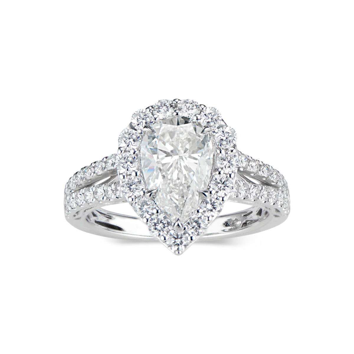 Pear Halo Diamond Engagement Ring with Split Shank  -18K weighting 4.52GR  - 51 round diamonds totaling 0.92 carats