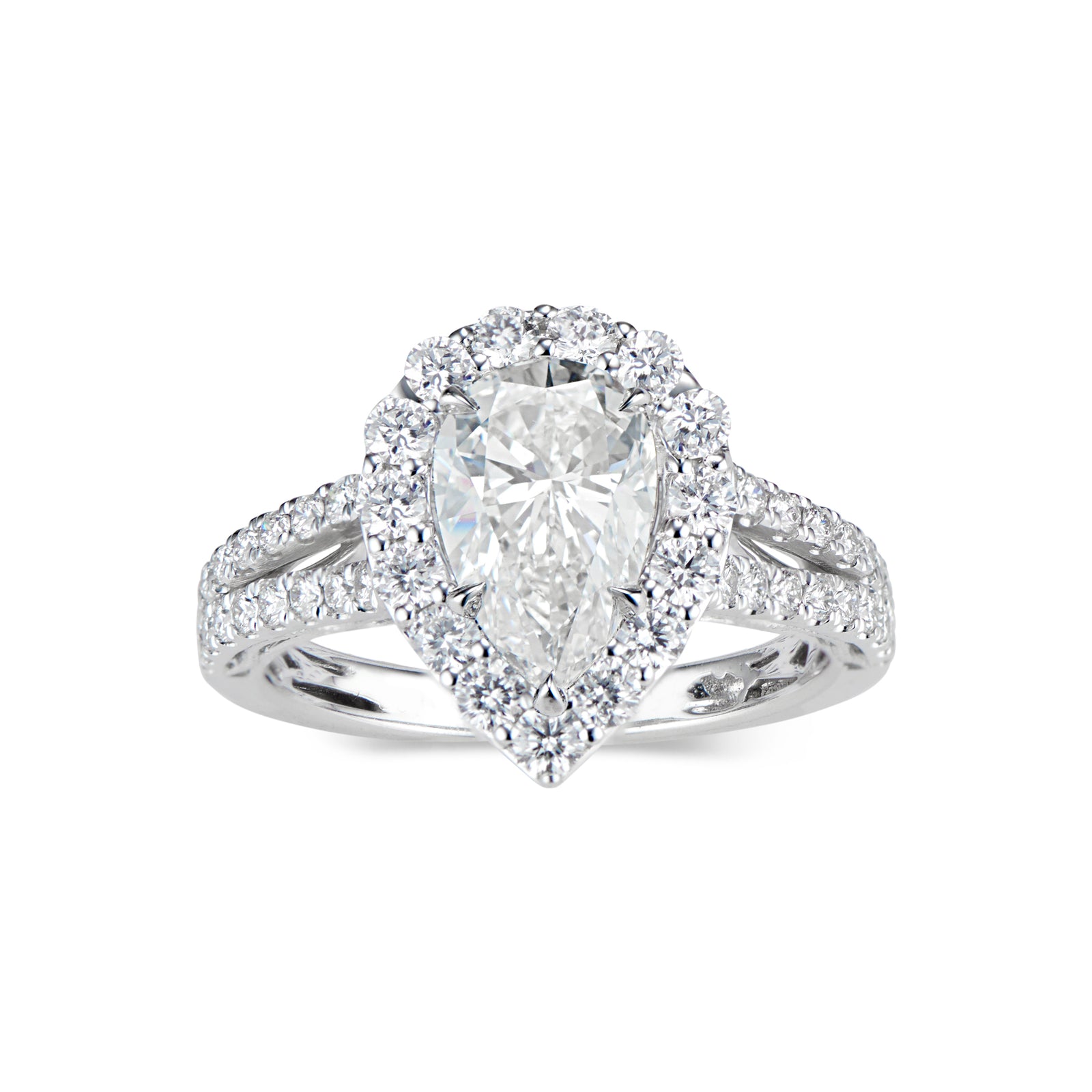 Pear Halo Diamond Engagement Ring with Split Shank  -18K weighting 4.52GR  - 51 round diamonds totaling 0.92 carats