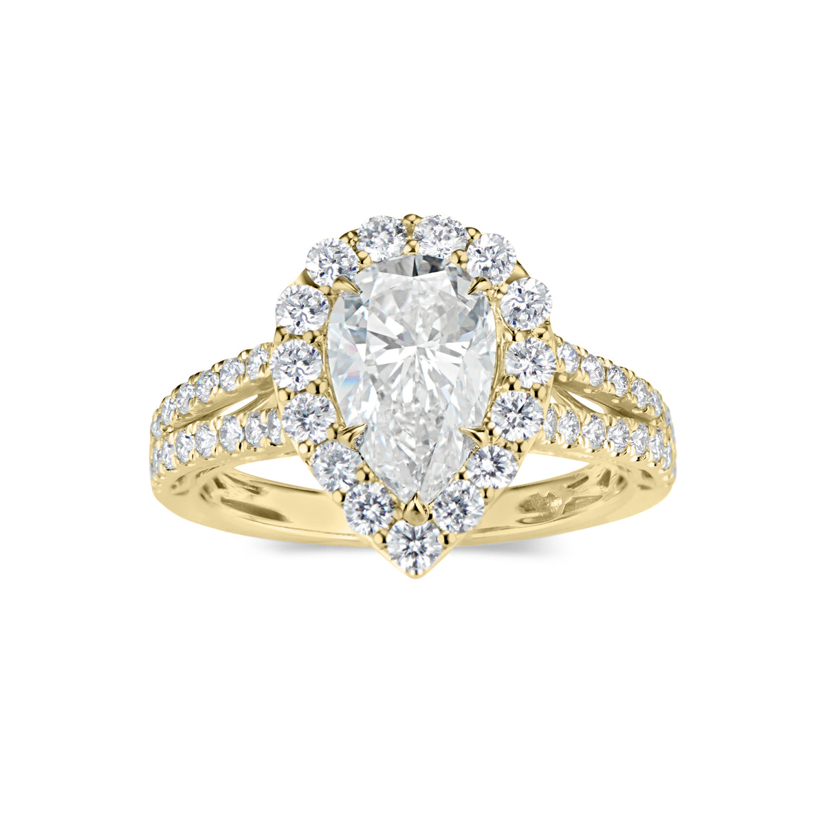 Pear Halo Diamond Engagement Ring with Split Shank  -18K weighting 4.52GR  - 51 round diamonds totaling 0.92 carats