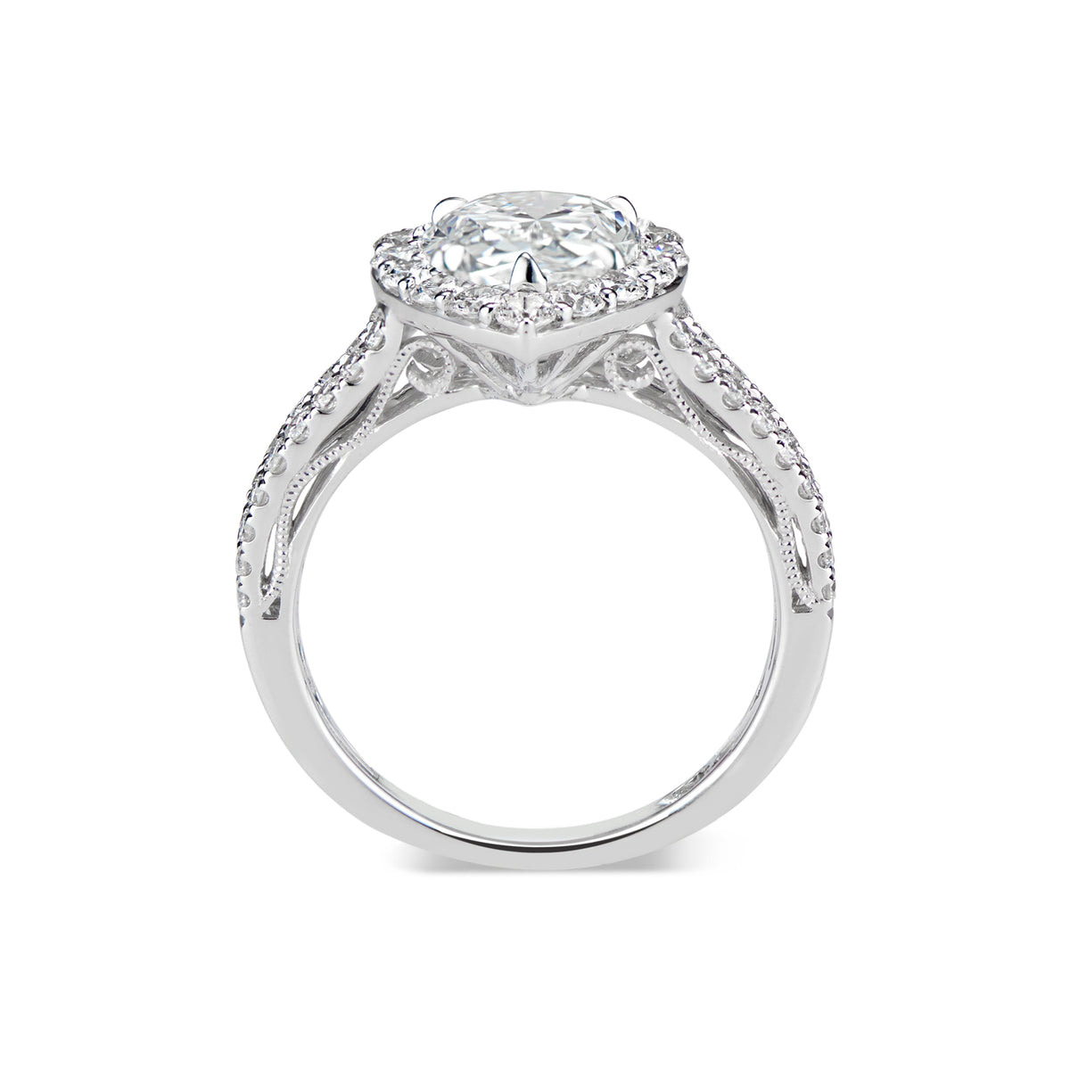 Pear Halo Diamond Engagement Ring with Split Shank  -18K weighting 4.52GR  - 51 round diamonds totaling 0.92 carats