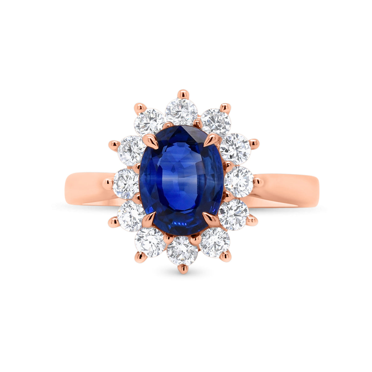 Sapphire & diamond classic ring - 18K gold weighing 3.32 grams  - 12 round diamonds totaling 0.58 carats  - 1.61 ct sapphire
