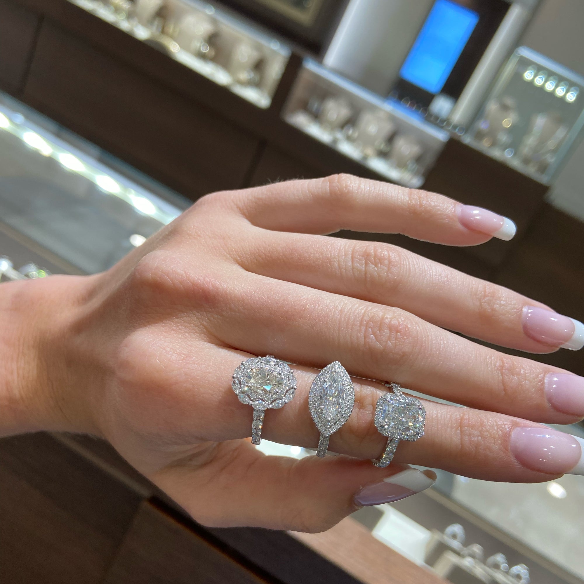 Diamond Marquise Engagement Ring  -18k gold weighing 4.36 grams  -144 round diamonds weighing .58 carats