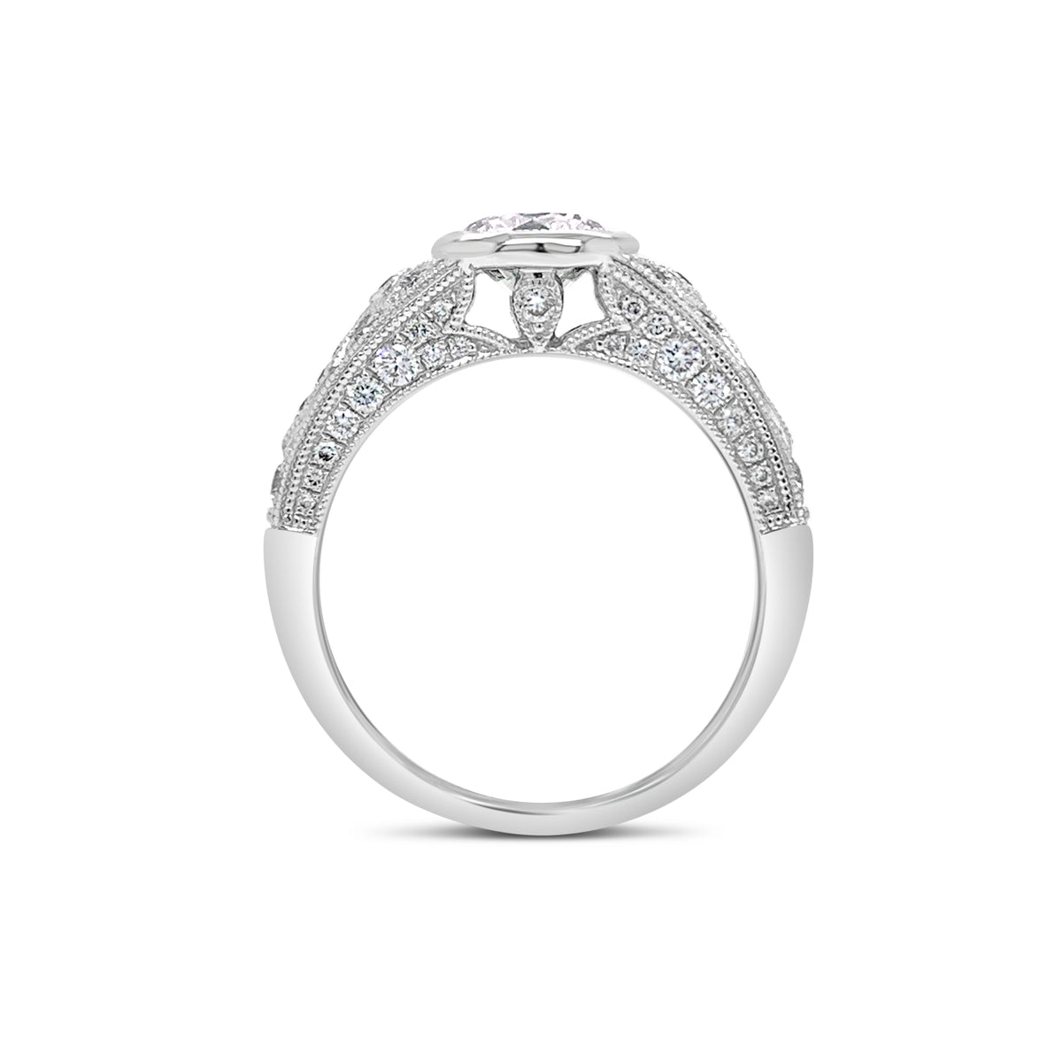 Bezel-Set Diamond Engagement Ring with Milgrain  - 18KT white gold weighting 3.90GR    - 60 round diamonds totaling 0.46 carats  - 1 Round Diamond totaling .92 GIA-G-VS1