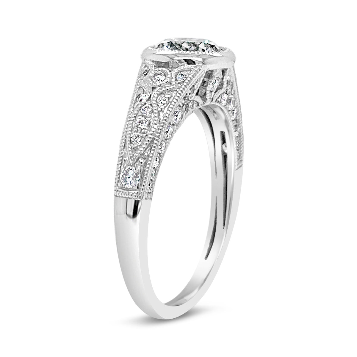 Bezel-Set Diamond Engagement Ring with Milgrain  - 18KT white gold weighting 3.90GR    - 60 round diamonds totaling 0.46 carats  - 1 Round Diamond totaling .92 GIA-G-VS1
